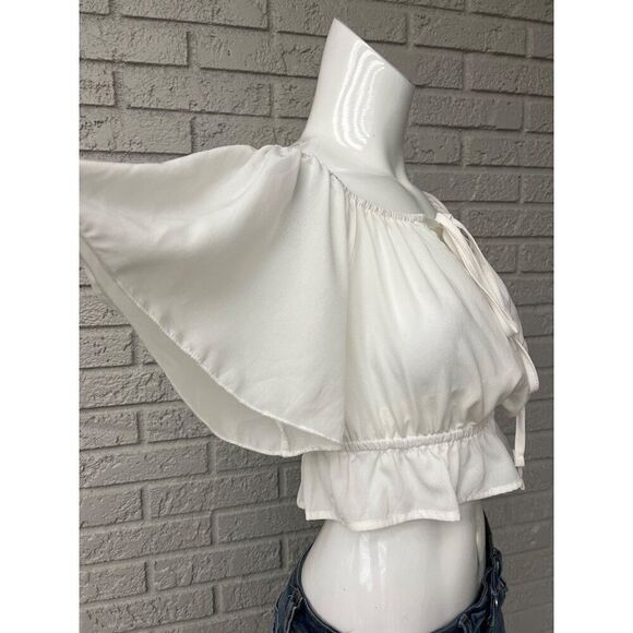 Shein Women White Flutter Sleeve Crop Top Size 6 - Picture 4 of 7